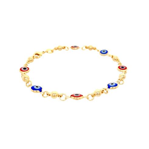 Introducing the Red and Blue Evil Eye Crystal Charm Bracelet, crafted in 14k gold-filled material. This bracelet showcases an elegant and simple design, featuring a series of colorful, eye-shaped charms alternating in vibrant blue and red shades, each linked by small gold beads that enhance its metallic sheen.